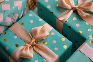 Elegant Blue Gift Boxes with Pastel Colored Satin Ribbons: Luxurious Presents with Golden Polka Dots - Ideal for Weddings, Birthdays, Holidays, Mother's Day, Valentine's Day