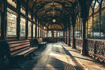 A vintage train station , Old railway station with a train and a locomotive on the platform awaiting departure, AI generated - obrazy, fototapety, plakaty