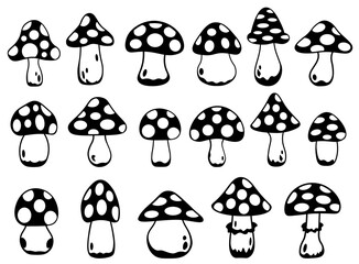 Fly Agaric SVG, Mushroom SVG, Set of Fly Agaric Silhouettes, Cartoon fly agaric icons