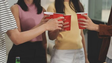 Lunch, happy friends and pizza party with food, drinks and conversation, social gathering and get together. Young people, group and happiness at fast food pizzeria, restaurant and celebration at home