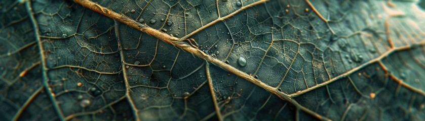 Hyper-realistic image of a leaf's texture affected by pollution, with a focus on the impact of environmental stress - obrazy, fototapety, plakaty