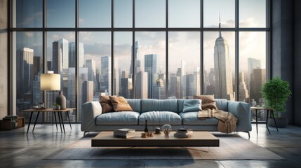 A modern living room with a large window overlooking a city skyline