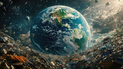 Hyper-realistic scene of a future Earth, viewed from space, surrounded by junk and visited by aliens
