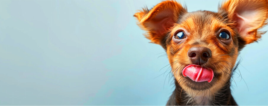 A small brown dog with a pink tongue sticking out. The dog is looking at the camera with a playful expression. Front view of a little dog pudle licking a lips, studio shot with copy space for text