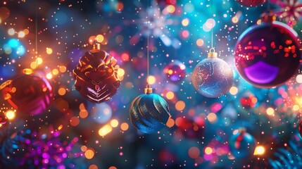 Holiday wallpaper with a neon Christmas theme with ornaments flying in the air. 3D render - obrazy, fototapety, plakaty