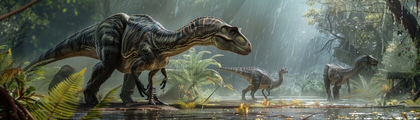 Detailed, atmospheric scene of a group of dinosaurs caught in a sudden rainstorm, seeking shelter under giant ferns