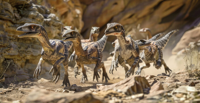 Realistic portrayal of a pack of Utahraptors using teamwork to navigate a rocky terrain