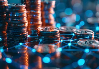 Digital background featuring stacks of coins and financial graphs with blue glowing network connections, representing digital online business or virtual finance