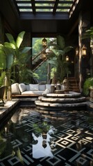A beautiful living room with a pool and a lot of plants
