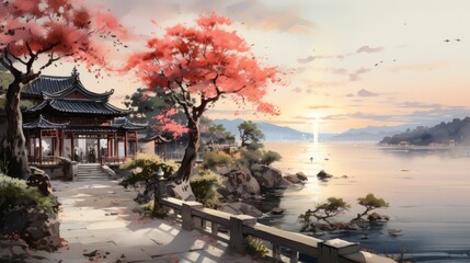 Oriental architecture house near the lake with mountain and cherry blossom tree - obrazy, fototapety, plakaty