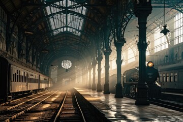 A vintage train station , Old railway station with a train and a locomotive on the platform awaiting departure, AI generated