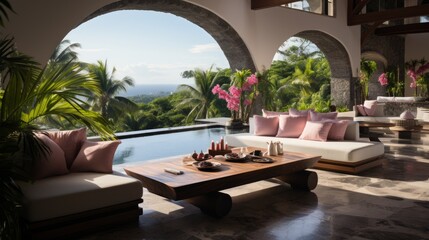 Obraz premium Elegant living room with a view of the jungle and the ocean