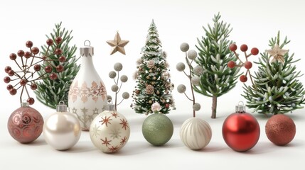 Fototapeta na wymiar This is a 3D render showing a set of traditional Christmas ornaments and decorations isolated on white background. This is a collection of festive arrangements...