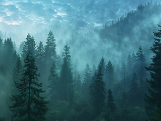 Majestic view of a sequoia forest with towering trees enveloped in morning mist, highlighting the ancient and grand presence of these natural giants ,hyper realistic, low noise, low texture - obrazy, fototapety, plakaty