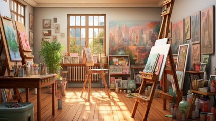 An art studio with easels, paintings, and a large window