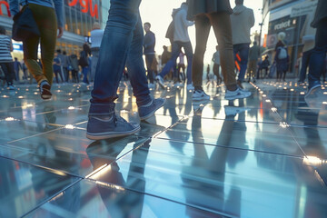 Pedestrians walking on kinetic energy harvesting floor tiles in a busy public square, converting...