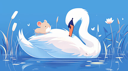 A cartoon of a mouse and a swan laying on a body of water - obrazy, fototapety, plakaty