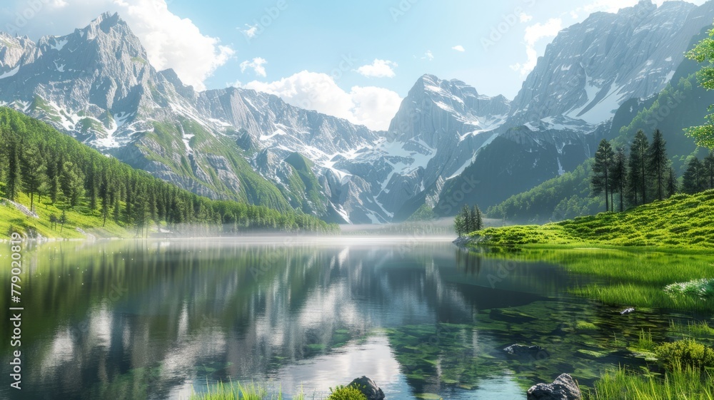 Poster Sunlit alpine lake with mountain backdrop - Tranquil scenery with a serene alpine lake reflecting mountains under a bright blue sky with white clouds