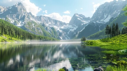 Naklejka na ściany i meble Sunlit alpine lake with mountain backdrop - Tranquil scenery with a serene alpine lake reflecting mountains under a bright blue sky with white clouds