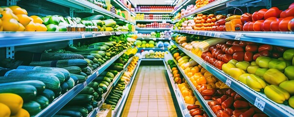 Supermarket vegetable shops are neatly arranged on clean shelves with a variety of fresh raw vegetables - obrazy, fototapety, plakaty