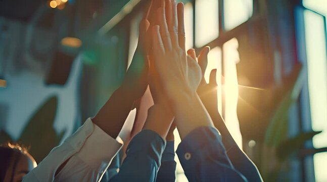 business people Hands reaching against shining light background