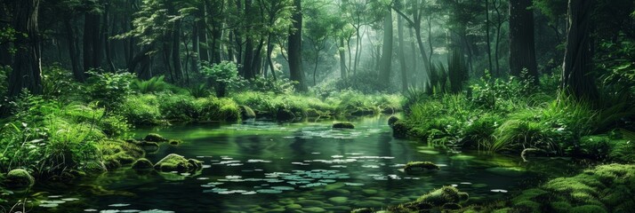 Enchanted misty green forest with stream - An enchanted view of a lush green forest with a serene stream and mist creating a tranquil atmosphere