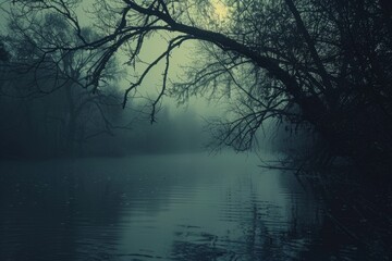 Eerie swamp with fog-enclosed trees - An atmospheric shot of a mysterious swamp with fog-enshrouded bare trees and calm water creating a hauntingly serene ambiance - obrazy, fototapety, plakaty