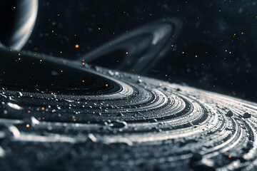 Stock image showcasing an ultrarealistic view of Saturns rings up close, revealing the icy and rocks particles layers ,hyper realistic, low noise, low texture
