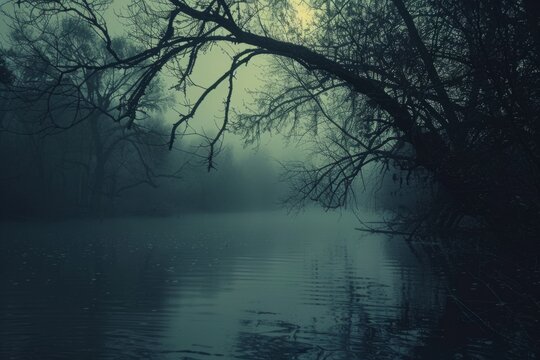 Eerie swamp with fog-enclosed trees - An atmospheric shot of a mysterious swamp with fog-enshrouded bare trees and calm water creating a hauntingly serene ambiance