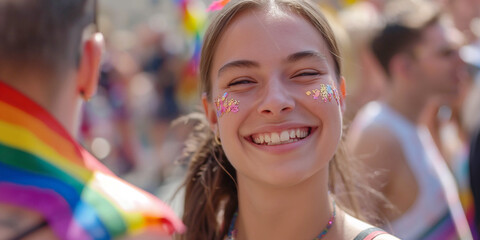 photo of a girl smiling at a gay pride parade, close-up, image to copy on the left - obrazy, fototapety, plakaty