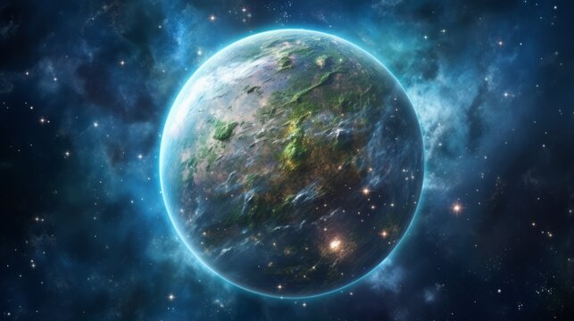 An illustration of a beautiful blue planet with green landmasses and a glowing atmosphere.