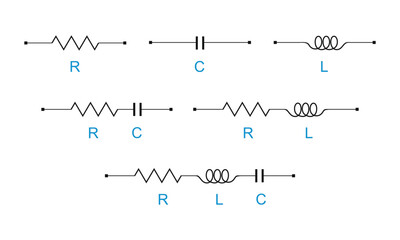 Vector illustration depicting different combinations of circuit elements and  electrical phase
