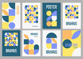 Poster set in geometric style. Modernist abstract vector posters with trendy minimalist shapes influenced by Swiss style.