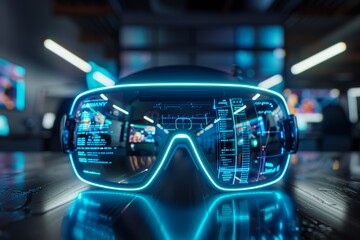 Virtual Reality Headset with Futuristic Technology on Blue Neon - obrazy, fototapety, plakaty