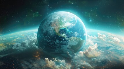 Planet Earth view from space. Planet Earth in space close-up, poster, banner, print. Our world. Atmosphere of the earth. Global warming, cataclysms, world wars. Galaxy.