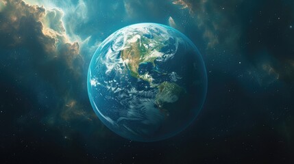 Planet Earth view from space. Planet Earth in space close-up, poster, banner, print. Our world....