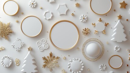 Christmas sticker collection with 3D renders of assorted round labels in festive white and gold. - obrazy, fototapety, plakaty