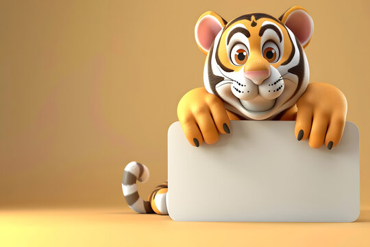 Cute 3D cartoon funny tiger on background with space for text.