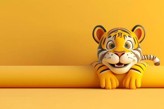 Cute 3D cartoon funny tiger on background with space for text.