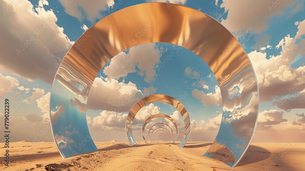 Poster an abstract surreal background featuring a desert landscape and clouds flying through chrome arches 