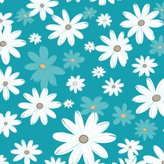 Fototapeta na wymiar Turquoise and white daisy pattern, hand draw, simple line, flower floral spring summer background design with copy space for text or photo backdrop 