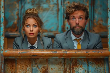 Couple peering curiously in rustic setting