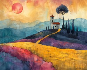 watercolor painting of a lonely house on a hill