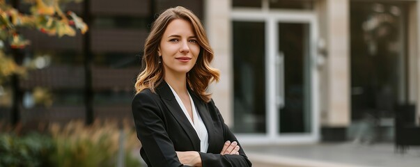 Portrait of businesswoman in black suit standing near office center