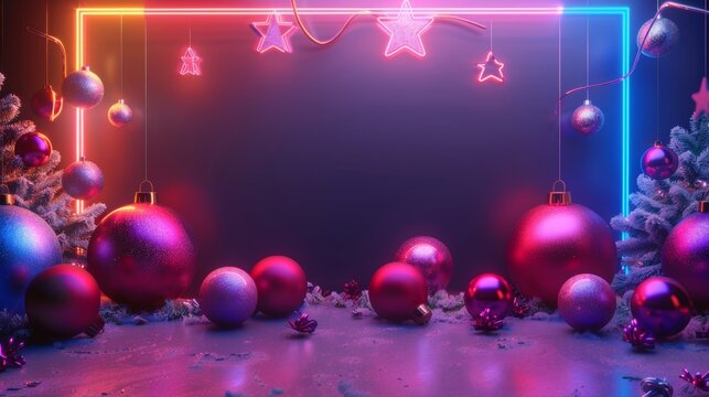 Holiday banner with Christmas ornaments and neon rectangular frame. 3D render.