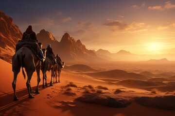 A caravan of camels with riders crosses the sultry desert, transporting goods on camels along a...