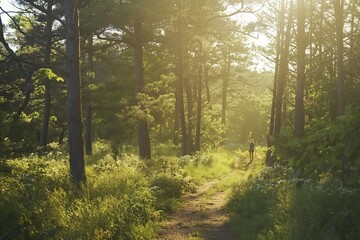 The sun shines through the trees along a woodland path. Generative AI