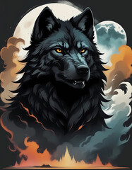 The head of the Black Wolf in a smoky cloud against the background of the moon. Stylized art, mystical atmosphere