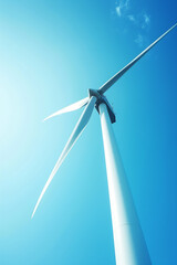 Closeup of wind turbine blades against a clear blue sky, symbolizing wind energy, sustainable development, minimalistic and powerful composition, futuristic dashboard menu
