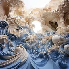 ocean waves breaking on the beach, abstract sculpture, blue water and white flowers